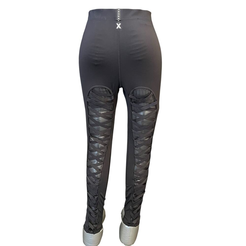 Savage X Fenty Black Lace Up Back Leggings Small High Rise Stretch EUC